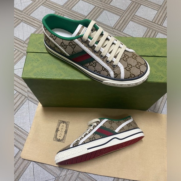 Gucci Brown and Green Monogram Sneakers